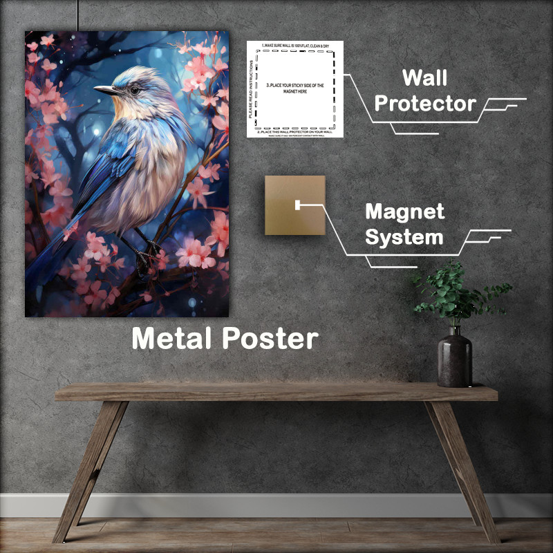 Buy Metal Poster : (Small Blue Bird sitting on the tree with blossom)