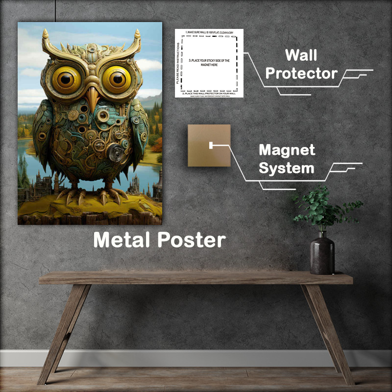 Buy Metal Poster : (Surreal digital owl landscape background)