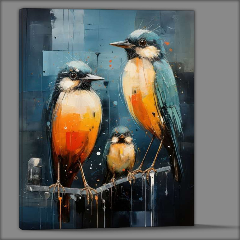 Buy Canvas : (Three Painted Birds on a perch with a blue background)