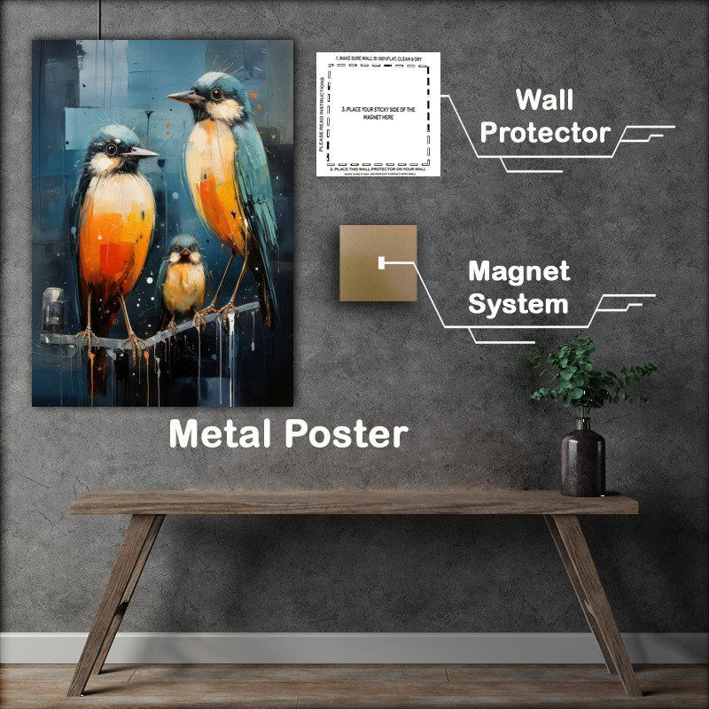 Buy Metal Poster : (Three Painted Birds on a perch with a blue background)