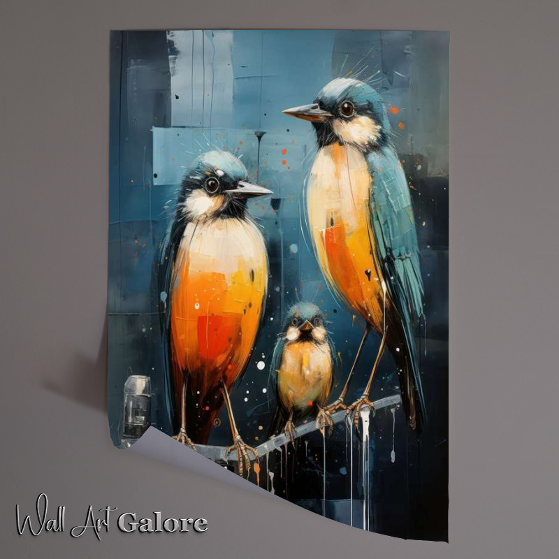 Buy Unframed Poster : (Three Painted Birds on a perch with a blue background)