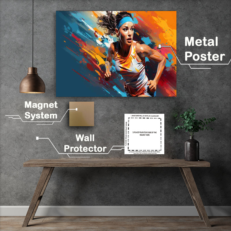 Buy Metal Poster : (Woman running in colorful designs)