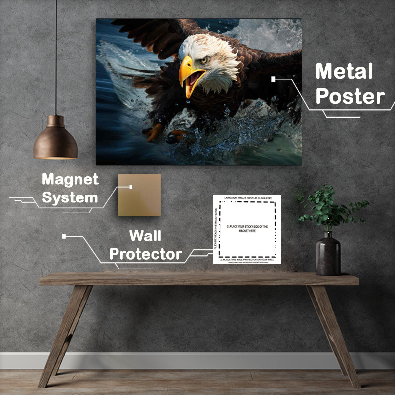 Buy Metal Poster : (Eagle grabbing its fish from the ocean sea)