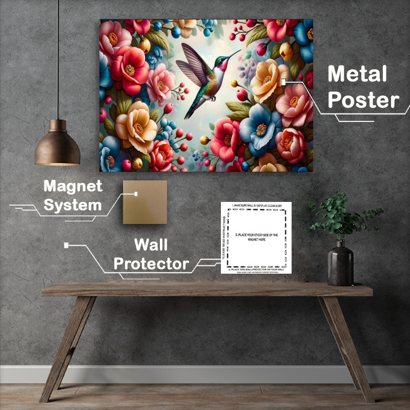 Buy Metal Poster : (Floral Flight where a hummingbird dances in the air)