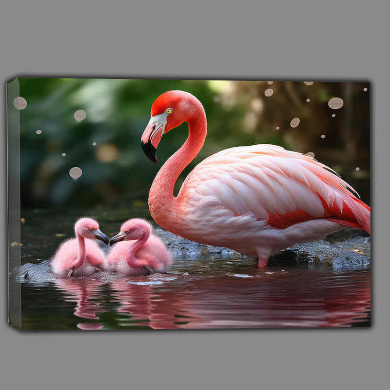 Buy Canvas : (Mother falmingo with her two babies on the water)