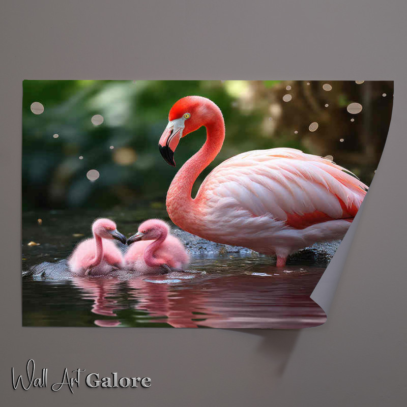 Buy Unframed Poster : (Mother falmingo with her two babies on the water)