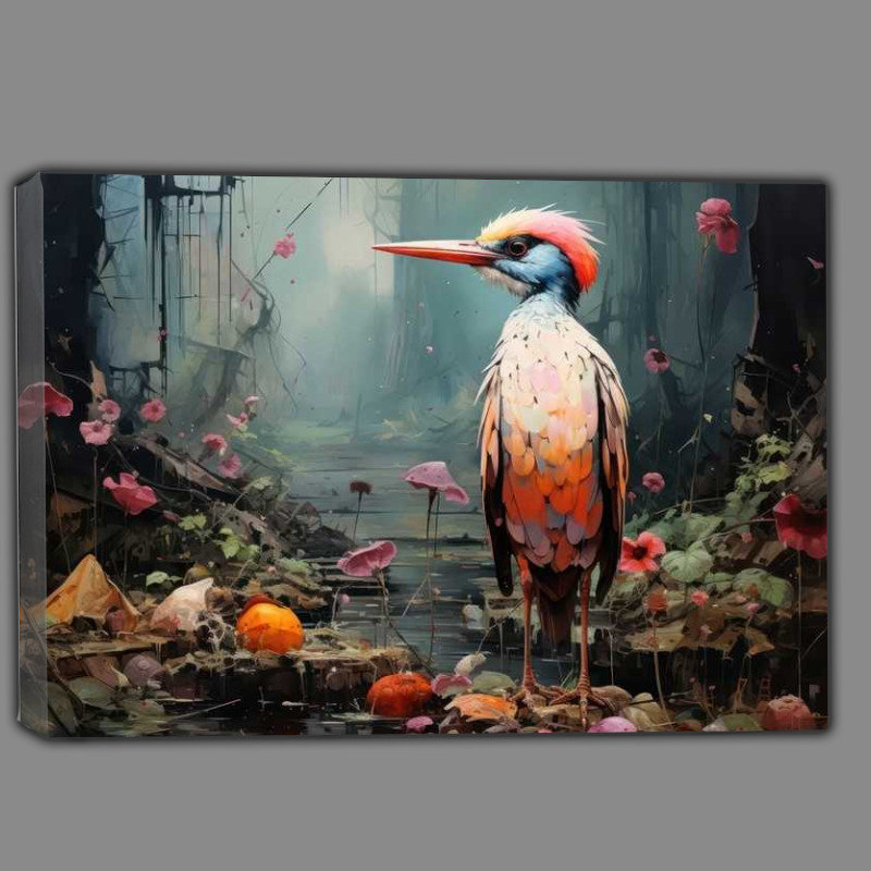 Buy Canvas : (Pinted style bird in a forest with flowers)