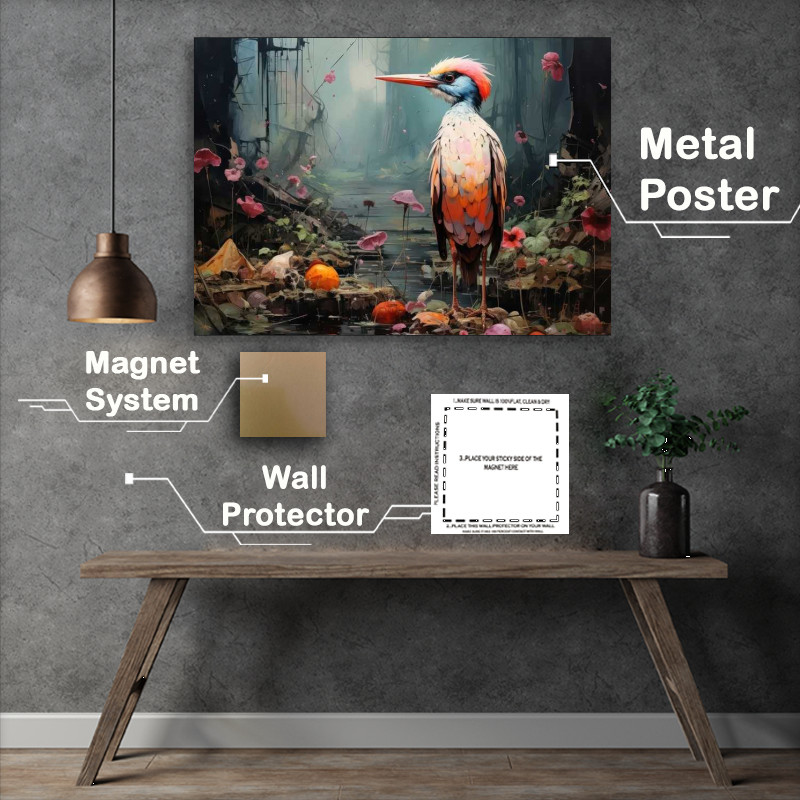 Buy Metal Poster : (Pinted style bird in a forest with flowers)