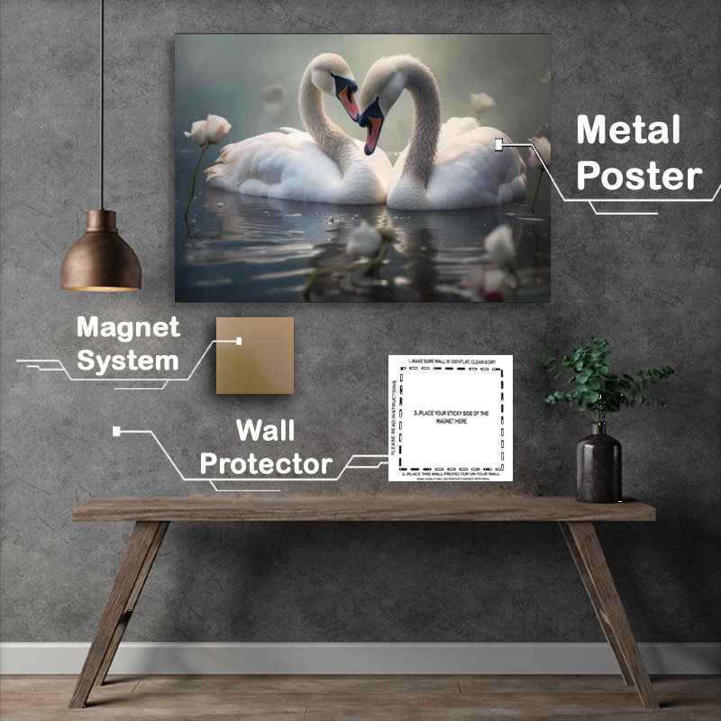Buy Metal Poster : (Romantic swans floating in the river)