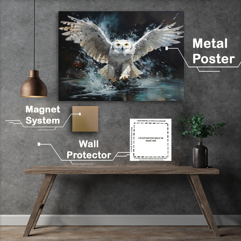 Buy Metal Poster : (Snowy Owl Hunting for fish on the river)