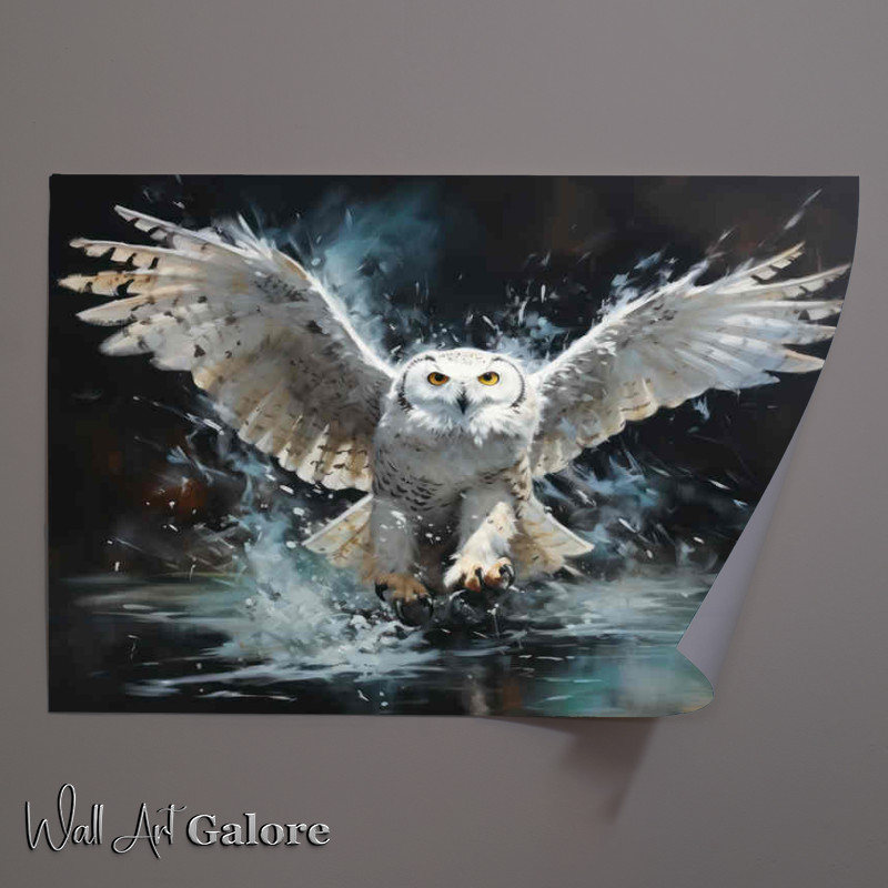 Buy Unframed Poster : (Snowy Owl Hunting for fish on the river)