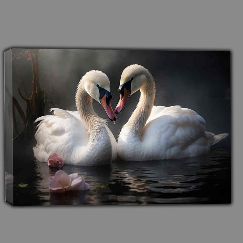 Buy Canvas : (Two swans in the water in of hazy romantic)