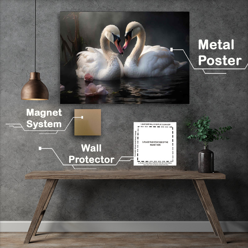 Buy Metal Poster : (Two swans in the water in of hazy romantic)