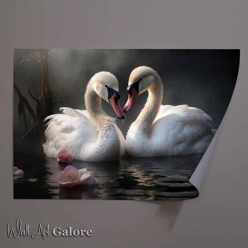 Buy Unframed Poster : (Two swans in the water in of hazy romantic)
