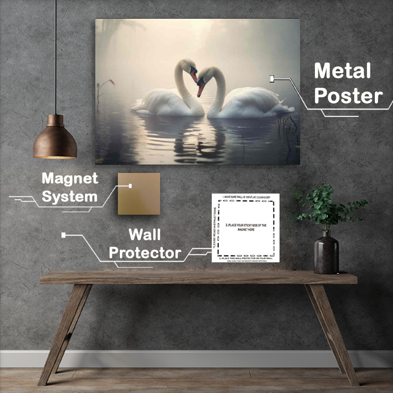 Buy Metal Poster : (Two white Swans in the morning mist on the lake)