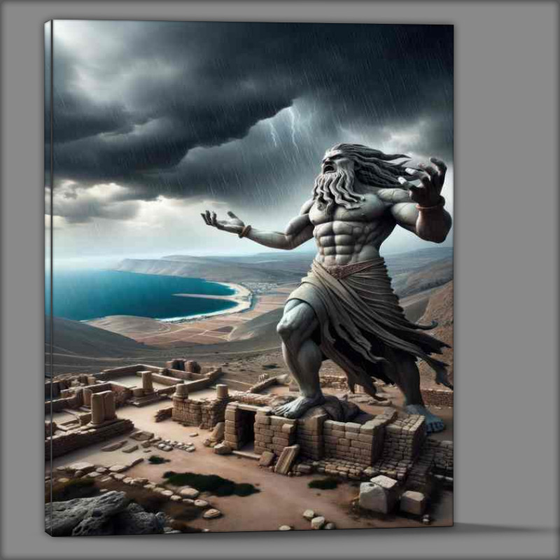 Buy Canvas : (Canaanite deity Baal stormy and powerful raising his hands)