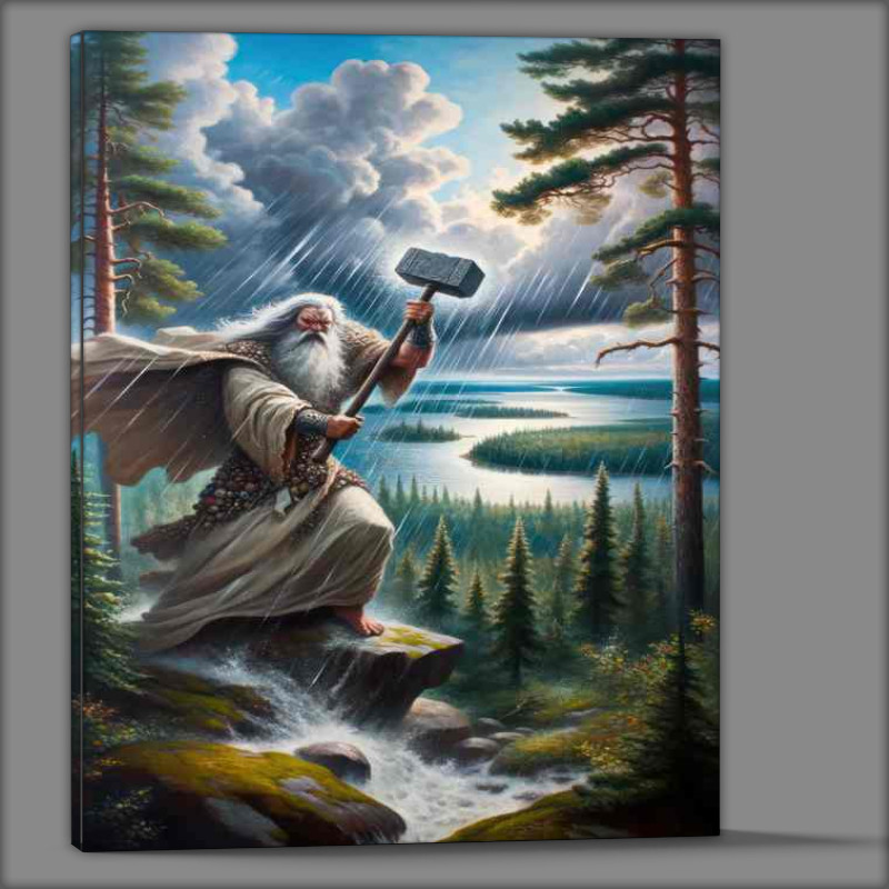 Buy Canvas : (Finnish god Ukko stormy and commanding wielding a hammer)