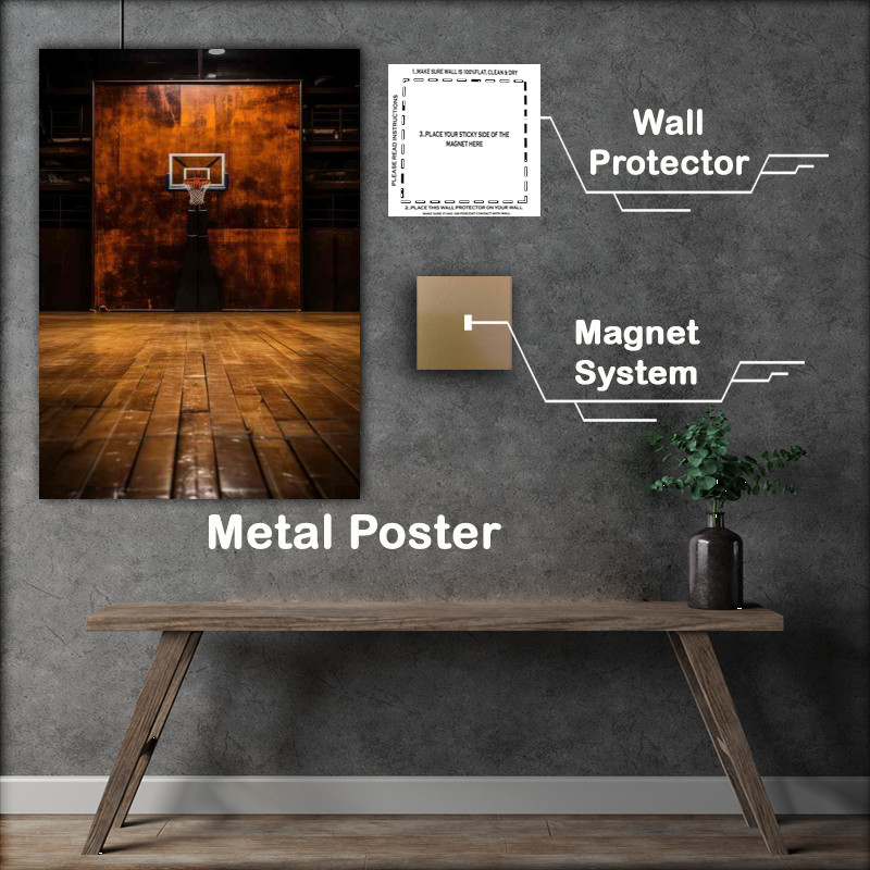 Buy Metal Poster : (Basketball is standing on an empty basketball court)