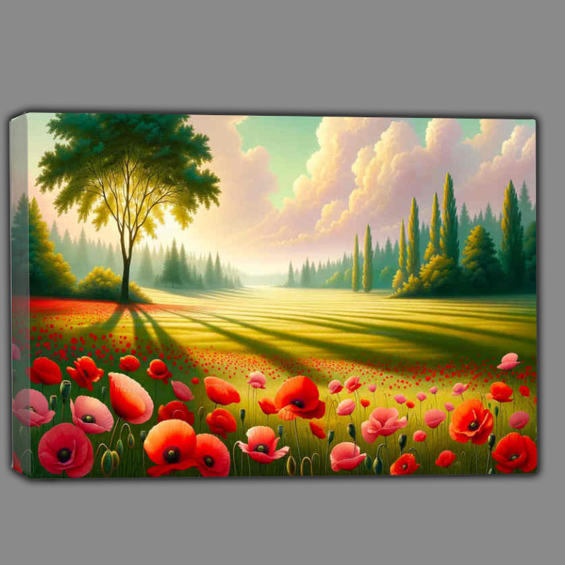 Buy Canvas : (Poppies Paradise a peaceful meadow set under a pastel sky)
