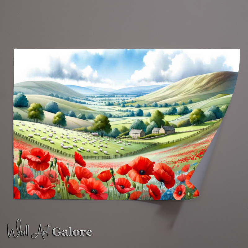 Buy Unframed Poster : (Poppy Pastures rolling hills adorned with bright red poppies)