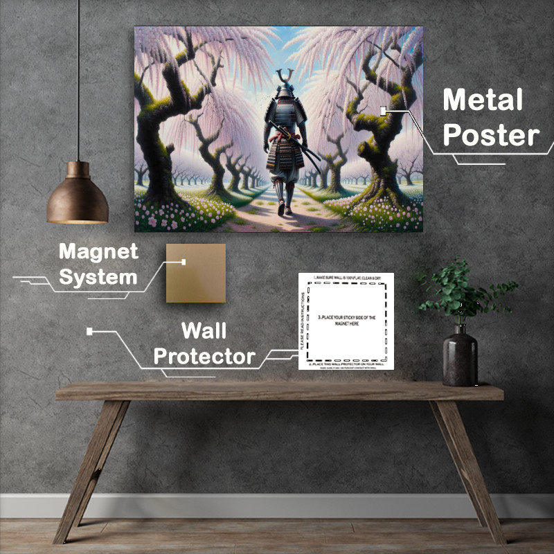 Buy Metal Poster : (Blade a samurai walking through a serene cherry orchard)