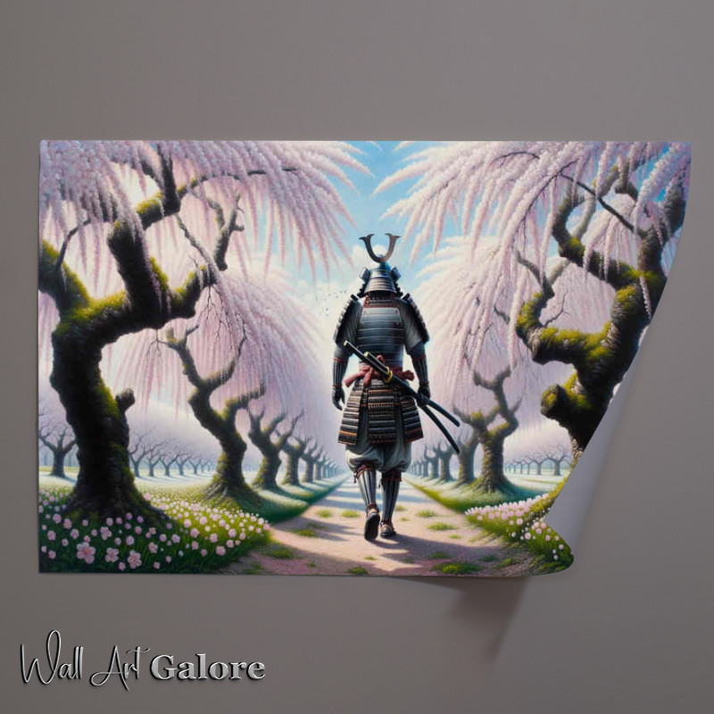 Buy Unframed Poster : (Blade a samurai walking through a serene cherry orchard)