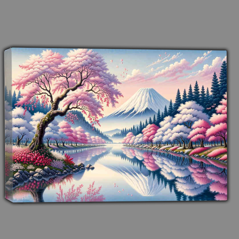 Buy Canvas : (Cherry Blossom Charm and Fuji a serene riverside scene)