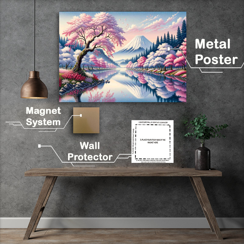 Buy Metal Poster : (Cherry Blossom Charm and Fuji a serene riverside scene)