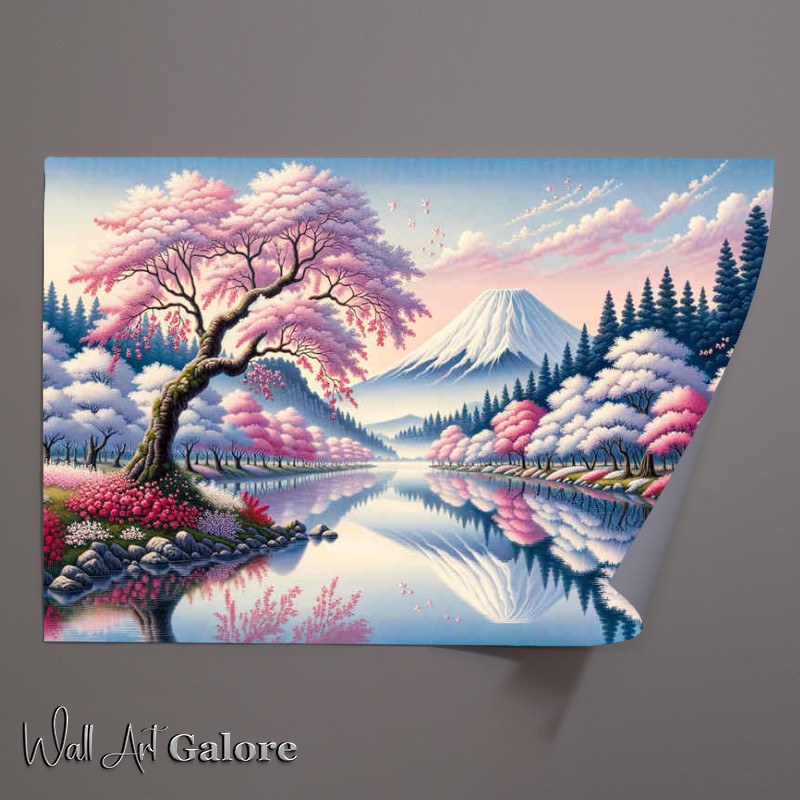 Buy Unframed Poster : (Cherry Blossom Charm and Fuji a serene riverside scene)