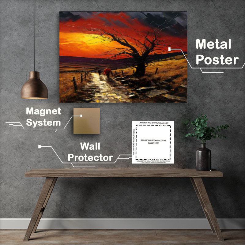 Buy Metal Poster : (Lonely tree down the single track evening sky)