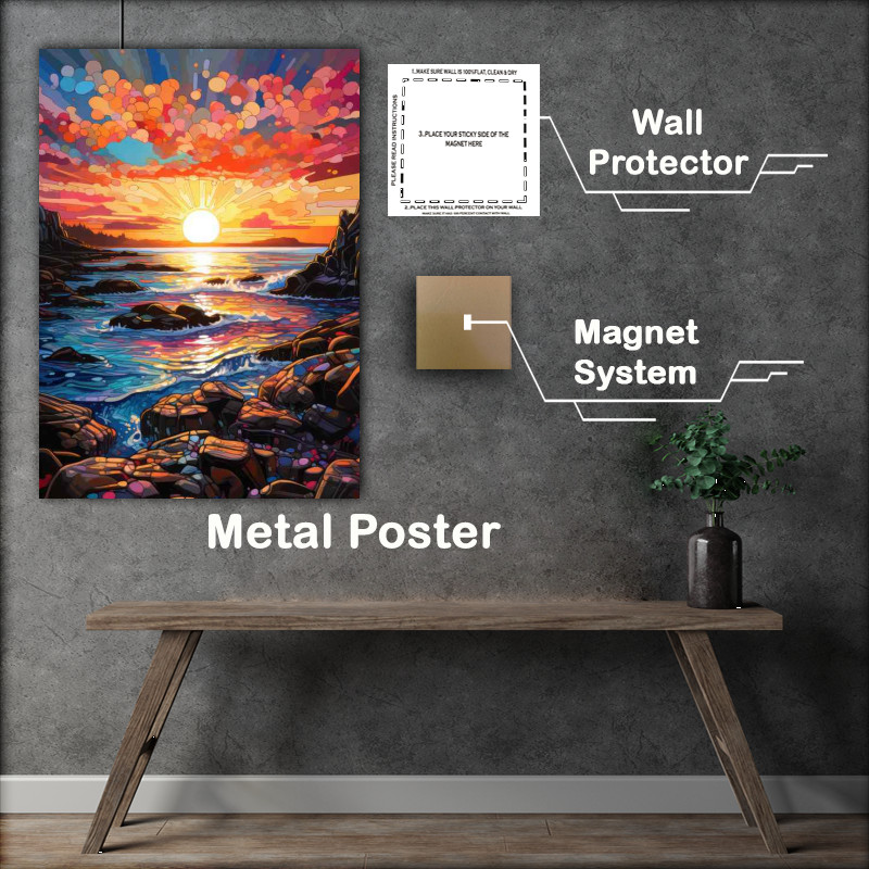 Buy Metal Poster : (Beach with rocks in a setting sun)