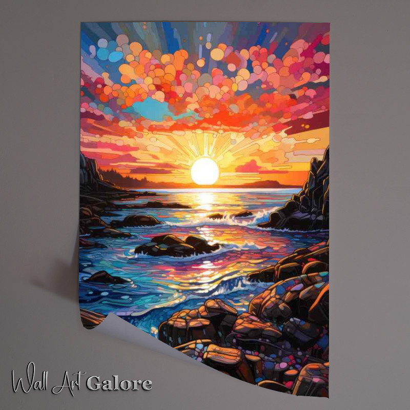 Buy Unframed Poster : (Beach with rocks in a setting sun)