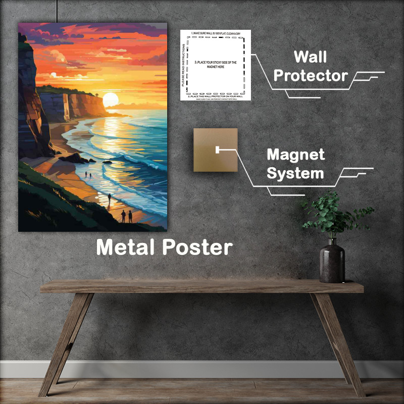 Buy Metal Poster : (Cliffs and a beach scene with setting sun)