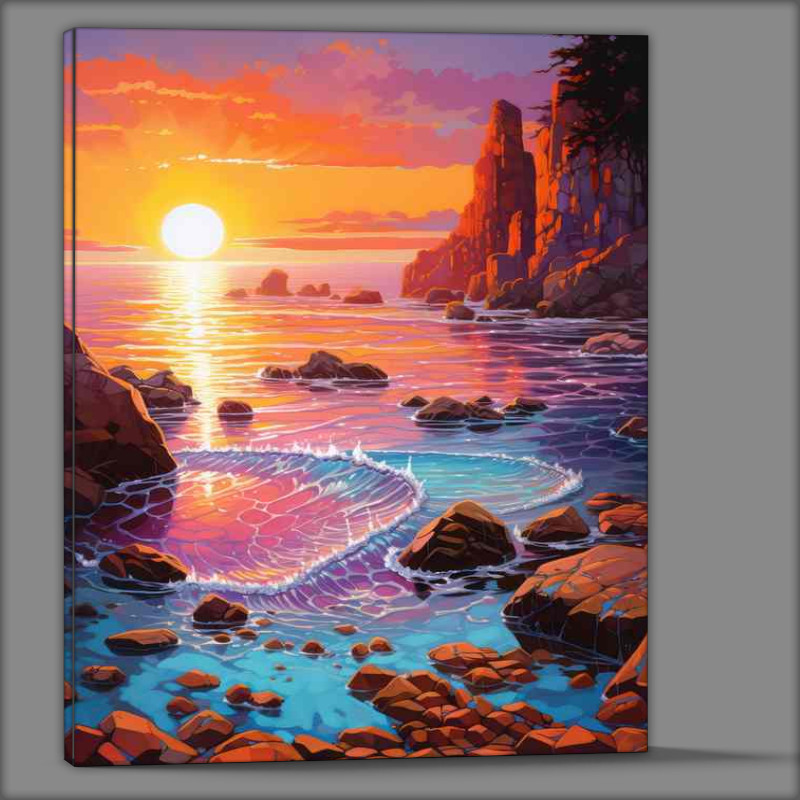 Buy Canvas : (Painted style beach with a orange setting sun)