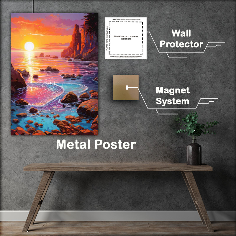 Buy Metal Poster : (Painted style beach with a orange setting sun)