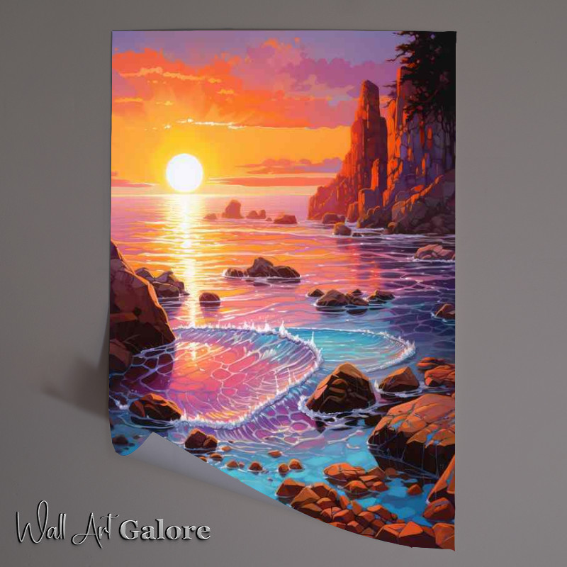 Buy Unframed Poster : (Painted style beach with a orange setting sun)