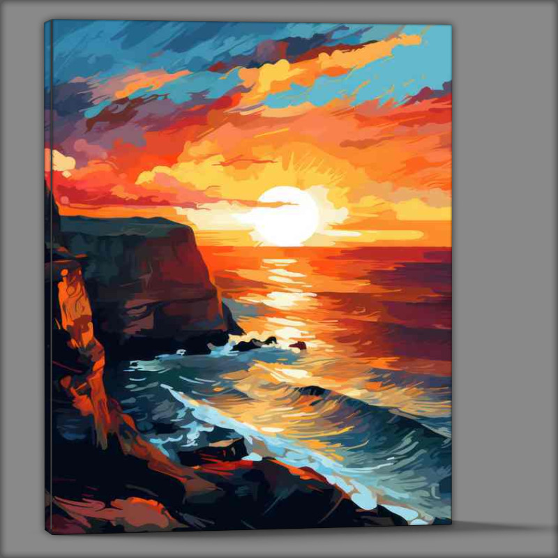 Buy Canvas : (Setting sun over the sea and cliff tops)