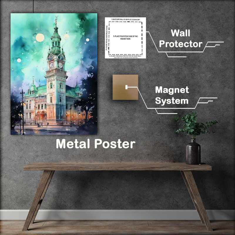 Buy Metal Poster : (The Tower clock in a fresh watercolour style)