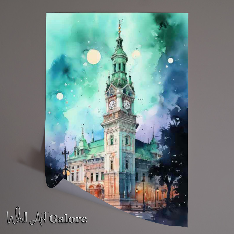 Buy Unframed Poster : (The Tower clock in a fresh watercolour style)