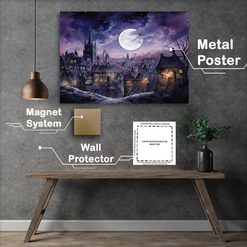 Buy Metal Poster : (City at night with full moon)