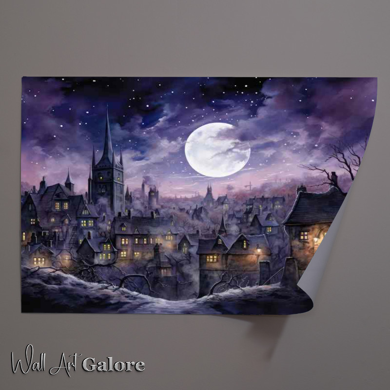 Buy Unframed Poster : (City at night with full moon)