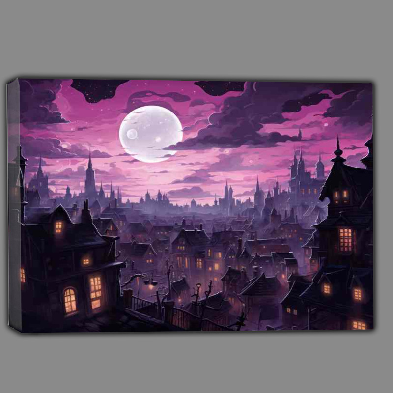 Buy Canvas : (City with a cloudy purple sky at night)