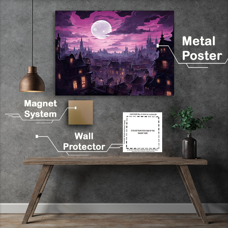 Buy Metal Poster : (City with a cloudy purple sky at night)