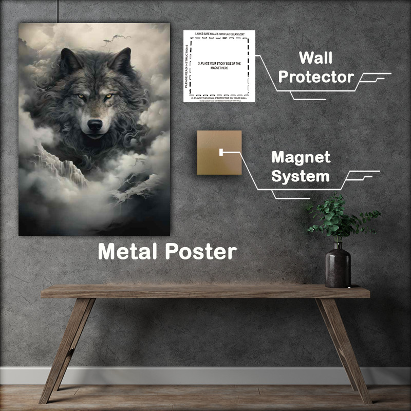 Buy Metal Poster : (Black and white wolf surrounded by mist and fog)