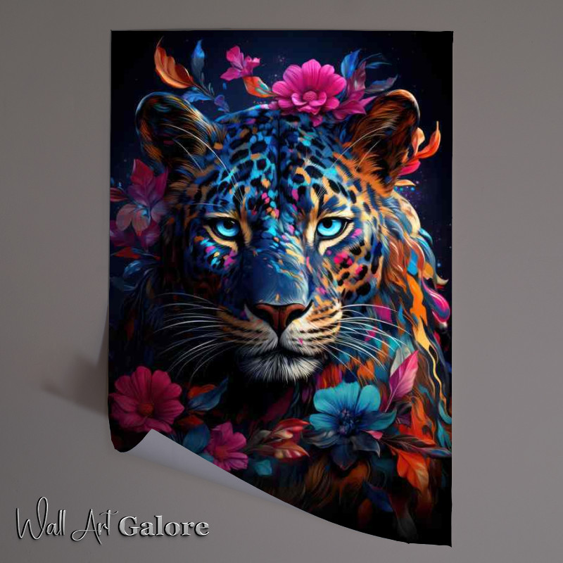 Buy Unframed Poster : (Colourful Leopard with deep blue eyes surrounded by flowers)