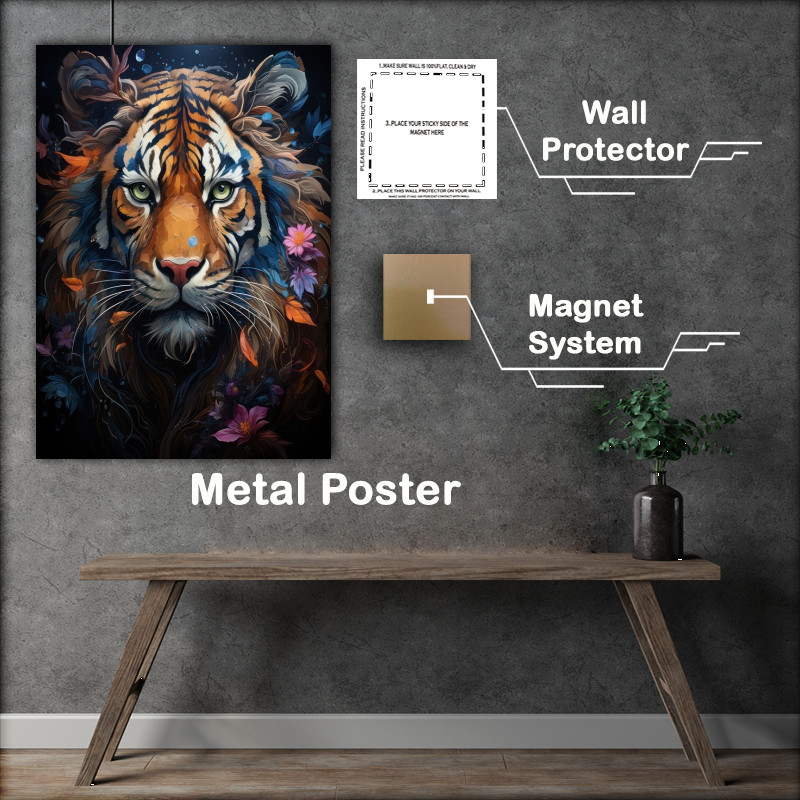 Buy Metal Poster : (Colourful majestic Tiger surrounded by flowers)