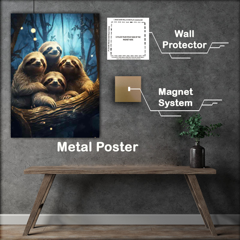 Buy Metal Poster : (Four Sloths together on a branch in the night time)