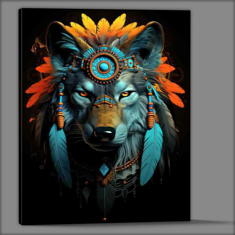 Buy Canvas : (Indian wolf with feathers on a black background)