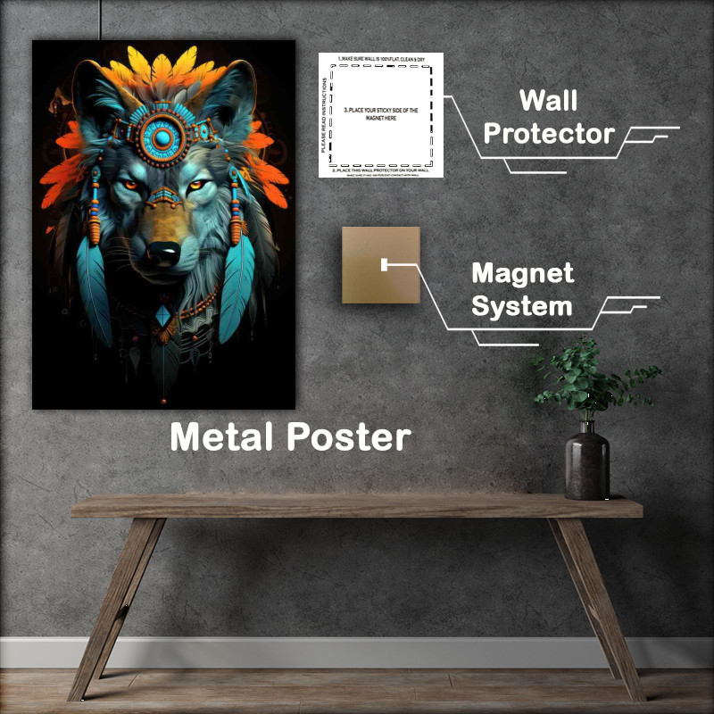 Buy Metal Poster : (Indian wolf with feathers on a black background)
