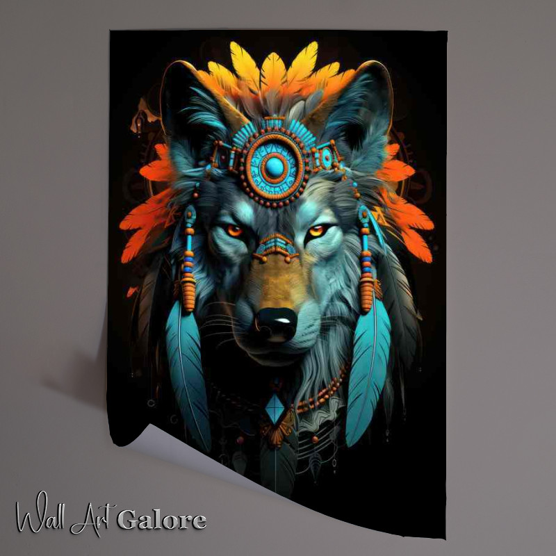 Buy Unframed Poster : (Indian wolf with feathers on a black background)